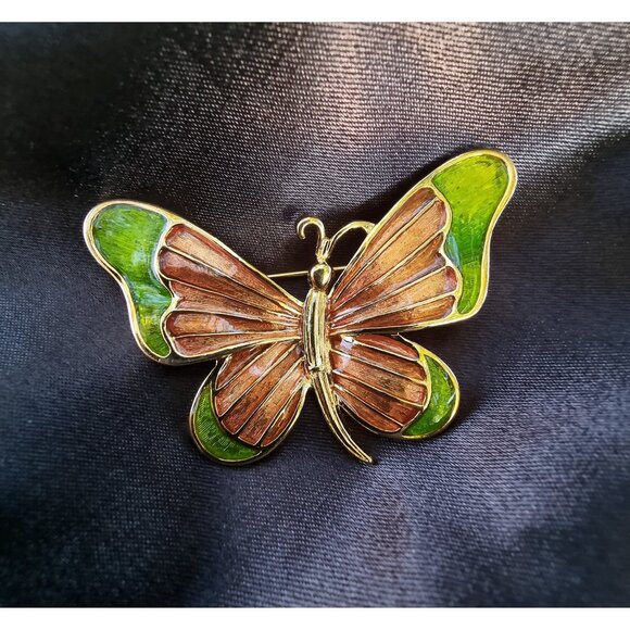 Vintage MFA Museum of Fine Arts Signed Enamel Green and Brown Butterfly Brooch P - Picture 1 of 7